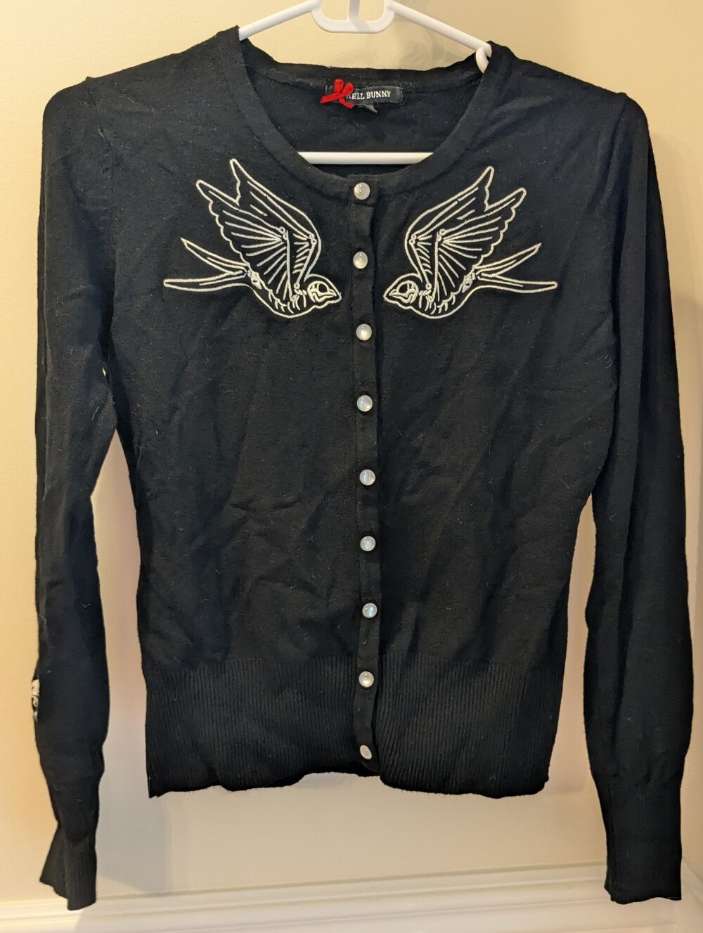 Hell Bunny Black Cardigan with White Embroidered Swallow Skeletons Small